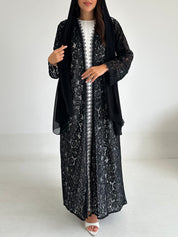 C 2592 Black Floral Dantel Abaya