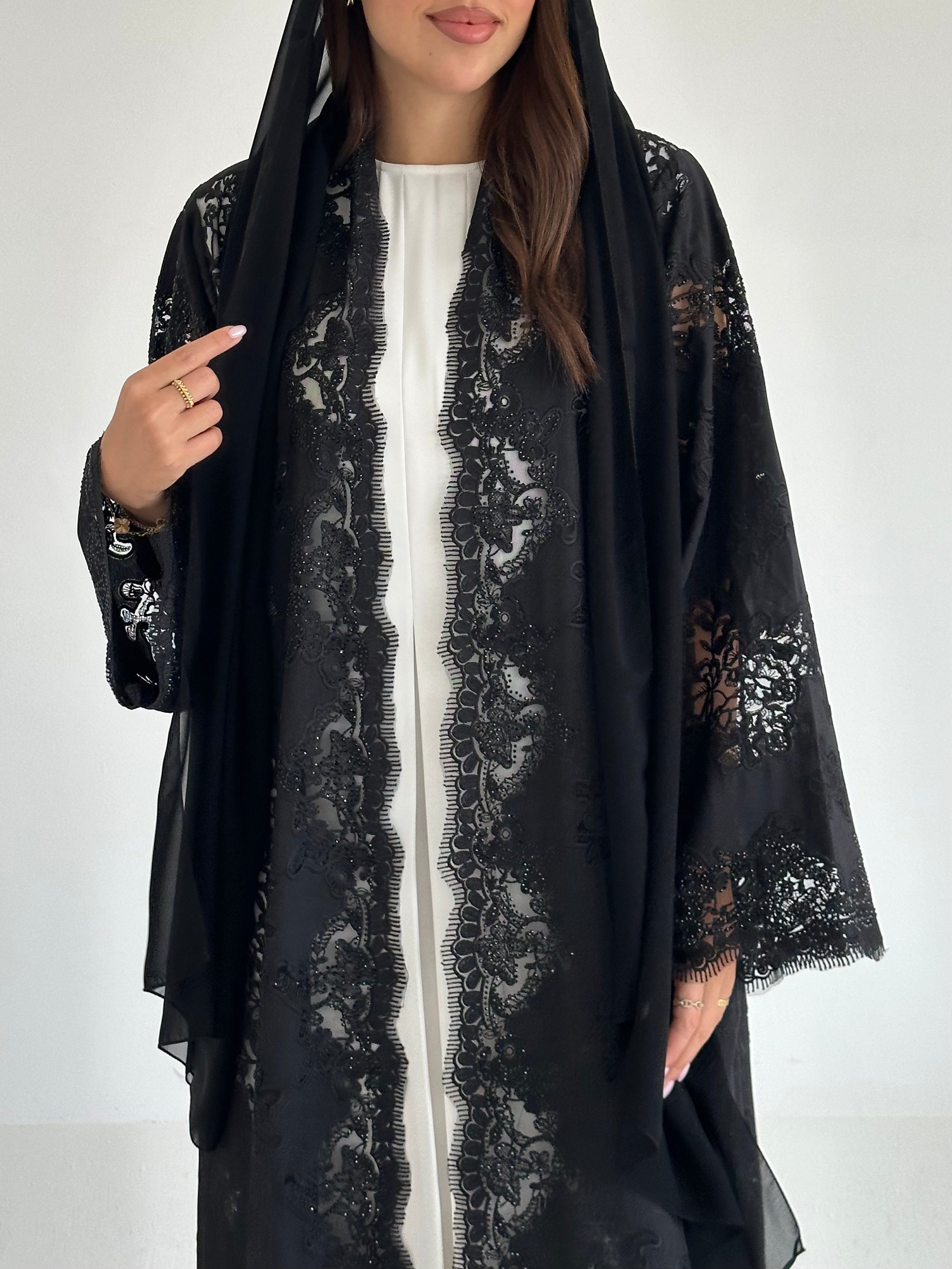 C 2594 Black Crystal Dantel Abaya