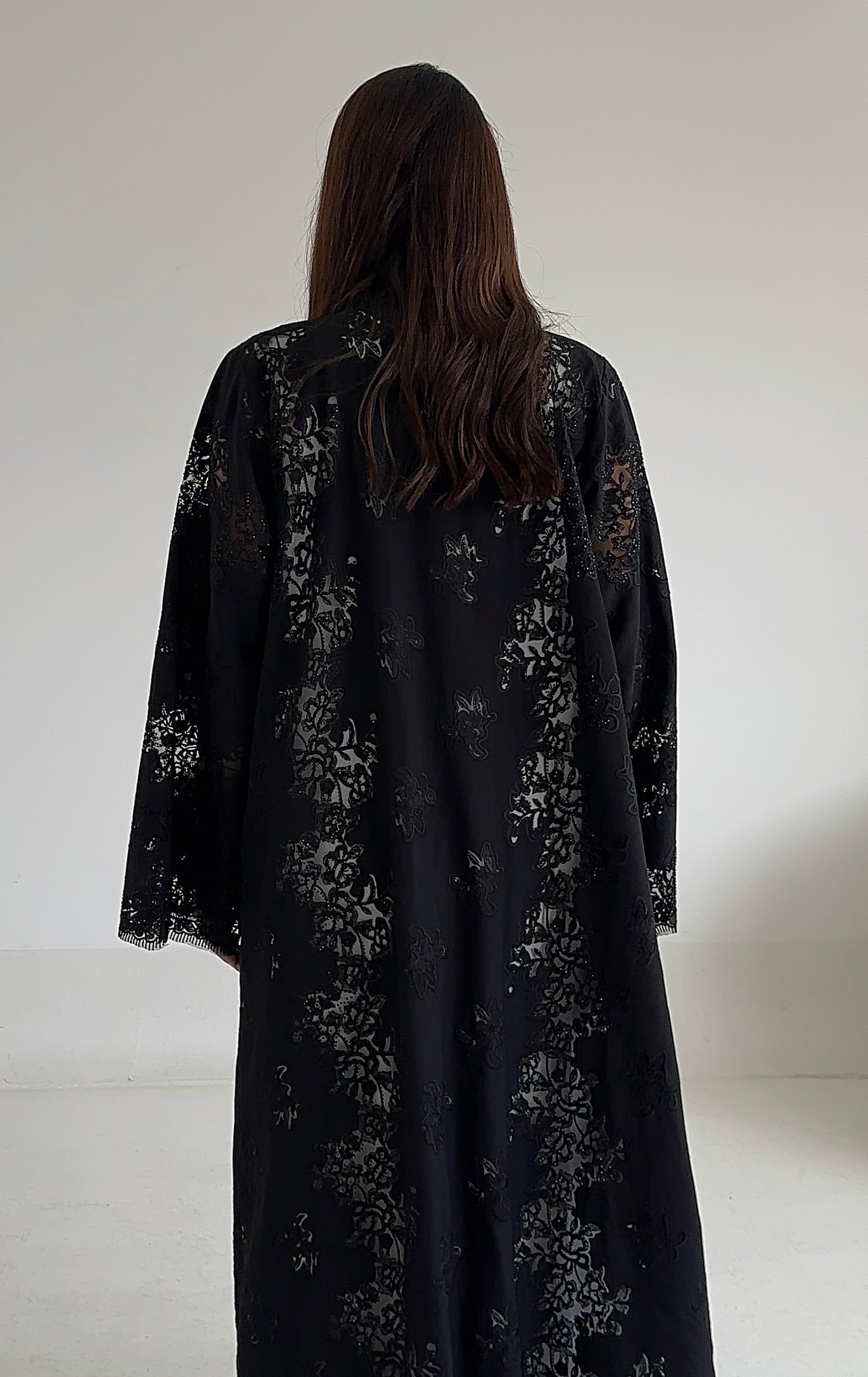 C 2594 Black Crystal Dantel Abaya