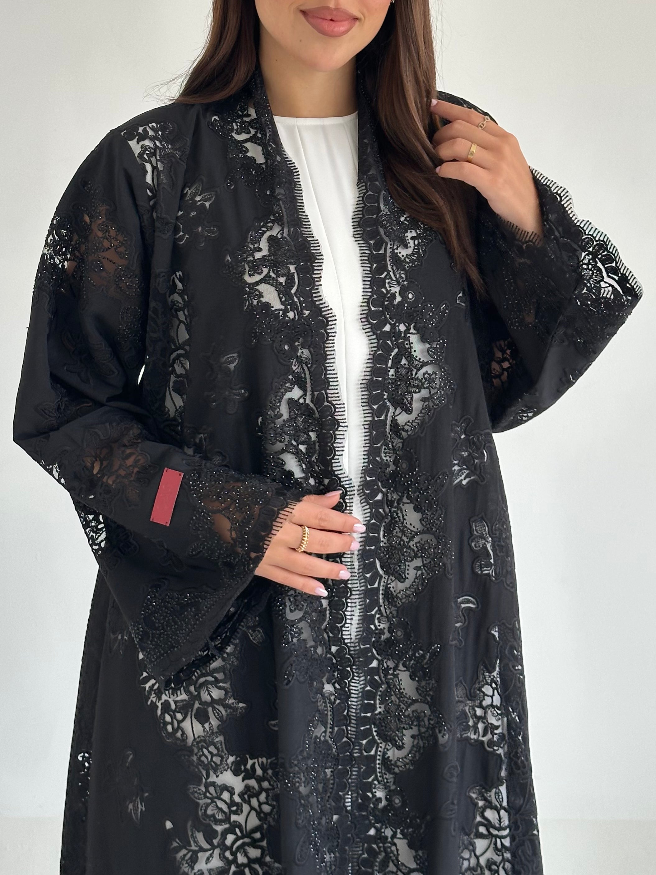C 2594 Black Crystal Dantel Abaya