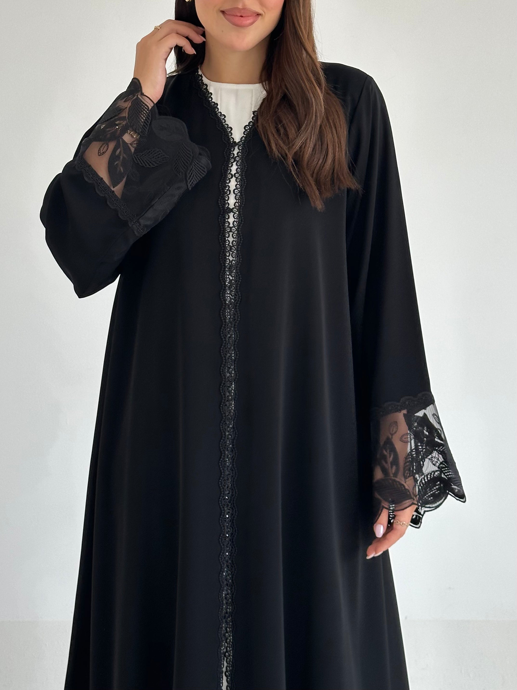 C 2598 Black Leafy Lace Abaya