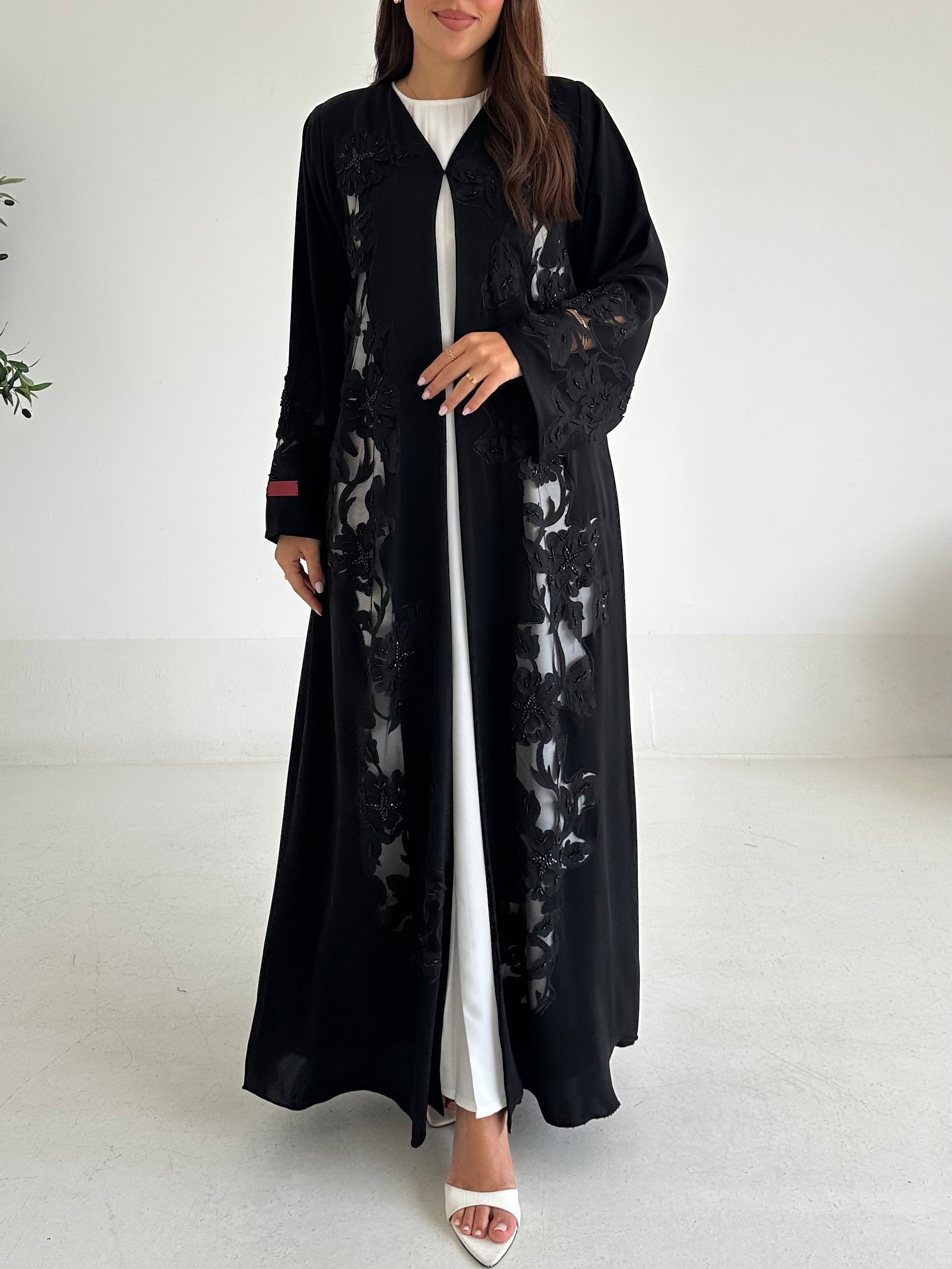 C 2599 Black Beaded Lace Abaya