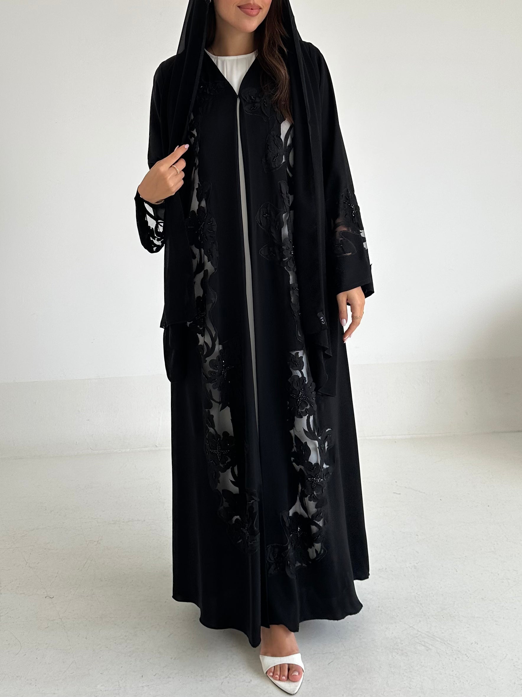 C 2599 Black Beaded Lace Abaya