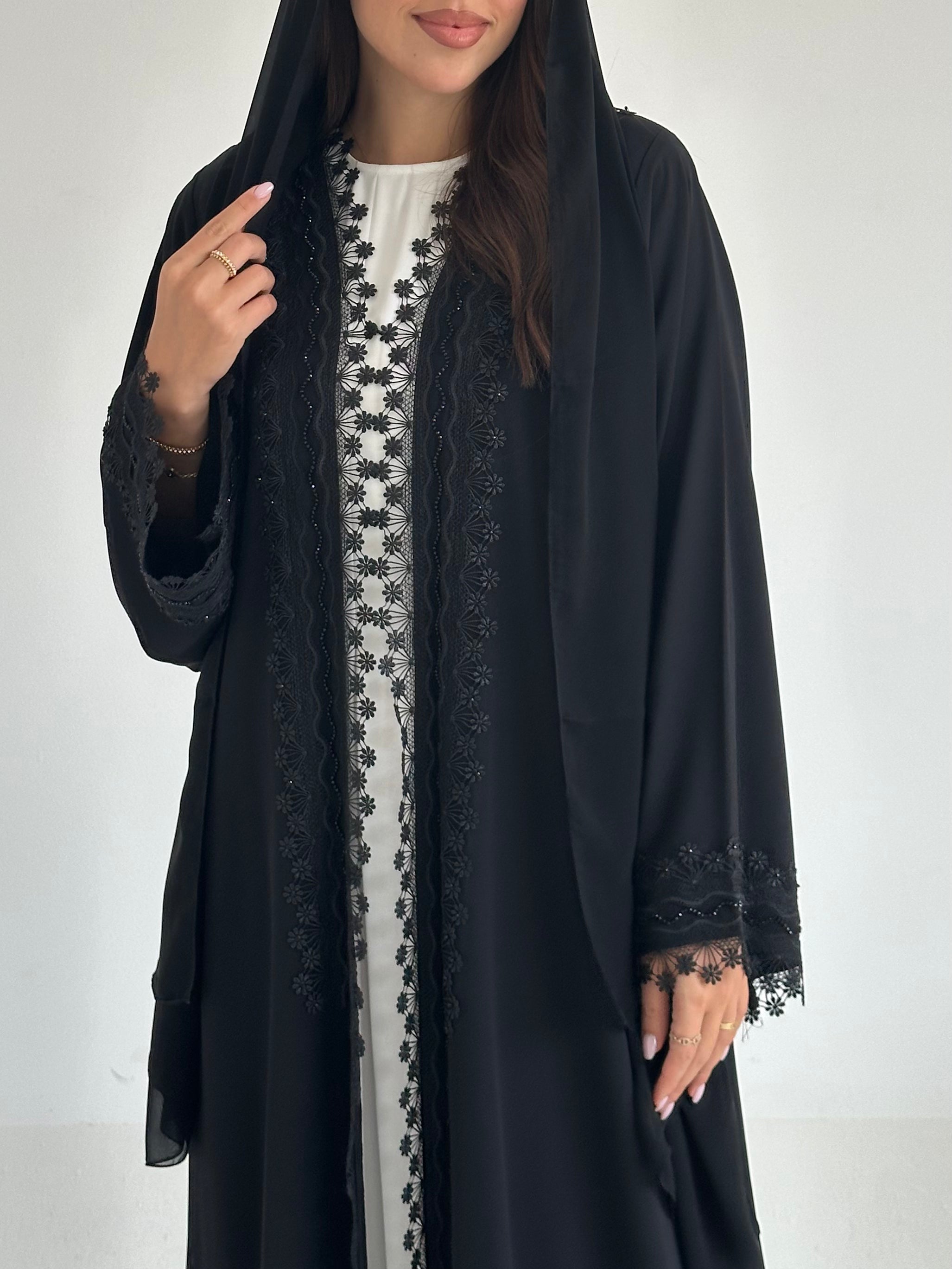 C 2600 Black Beaded Lace Abaya