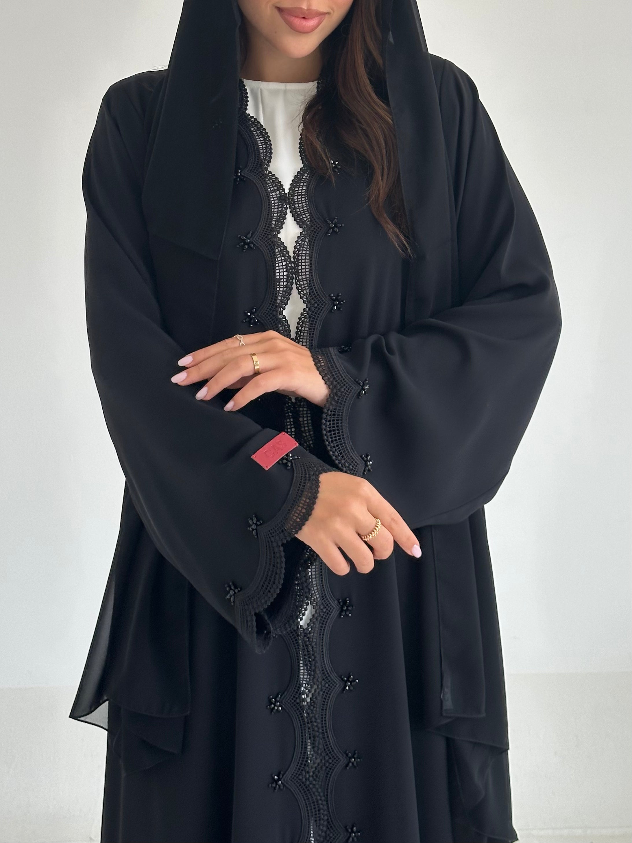 C 2601 Black Beaded Lace Abaya