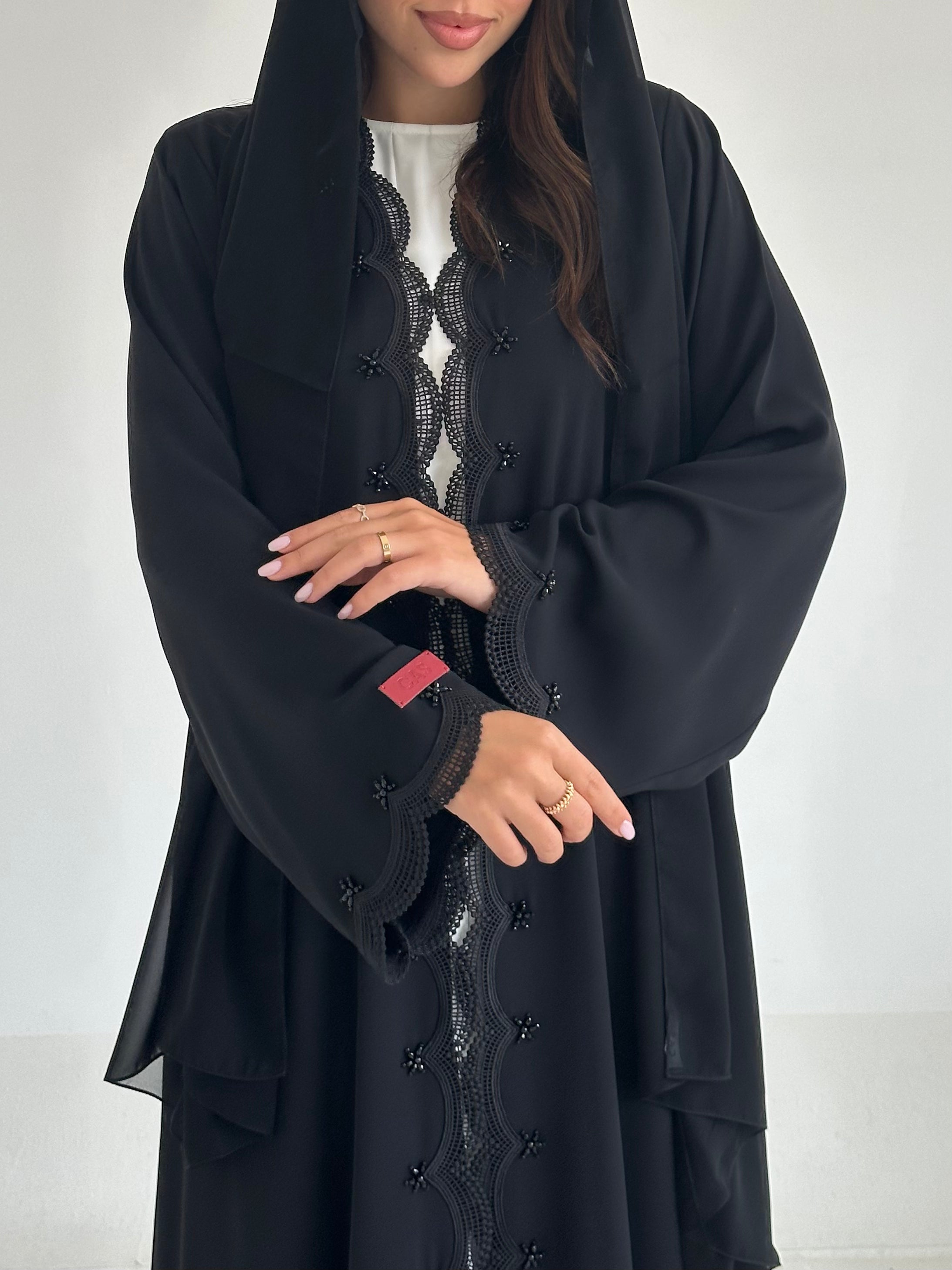 C 2601 Black Beaded Lace Abaya