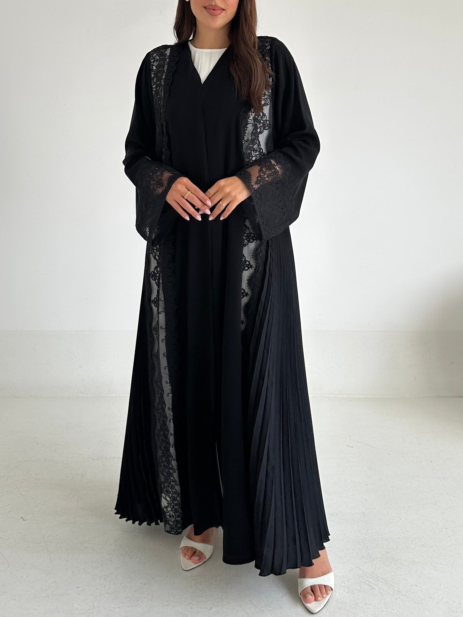 C 2602 Black Pleated Lace Abaya
