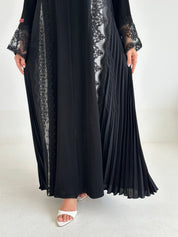 C 2602 Black Pleated Lace Abaya