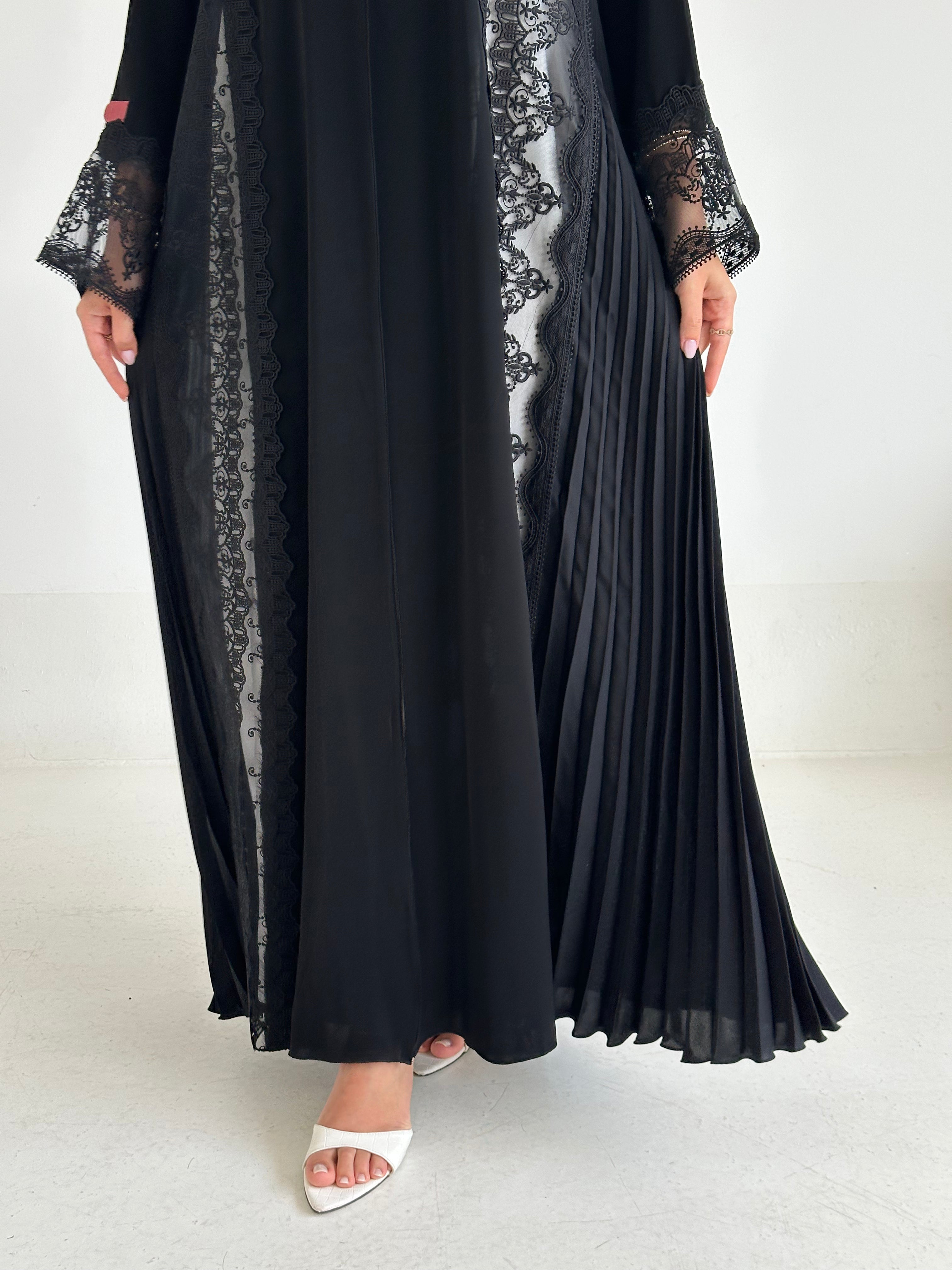 C 2602 Black Pleated Lace Abaya