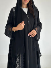 C 2602 Black Pleated Lace Abaya