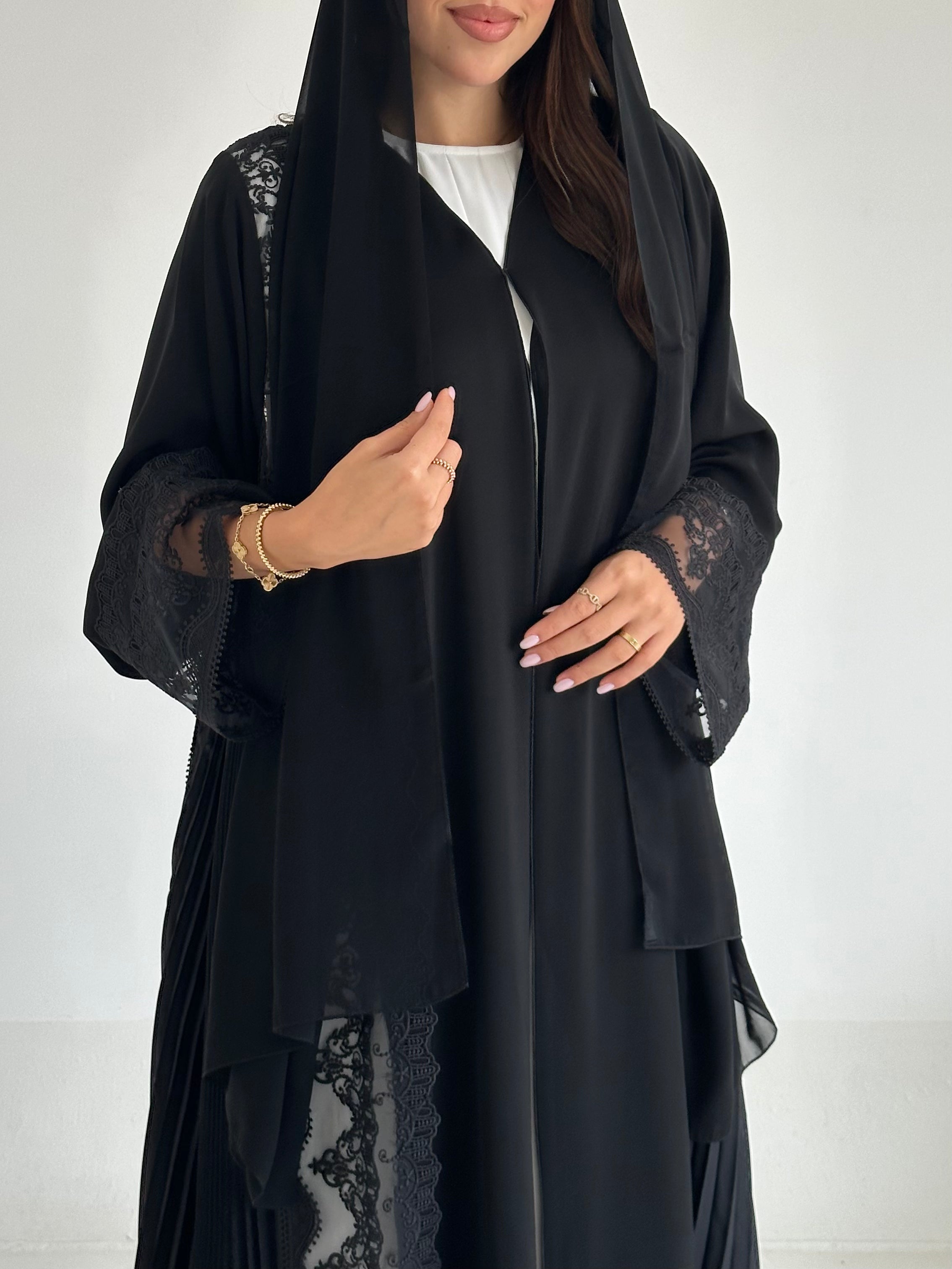C 2602 Black Pleated Lace Abaya