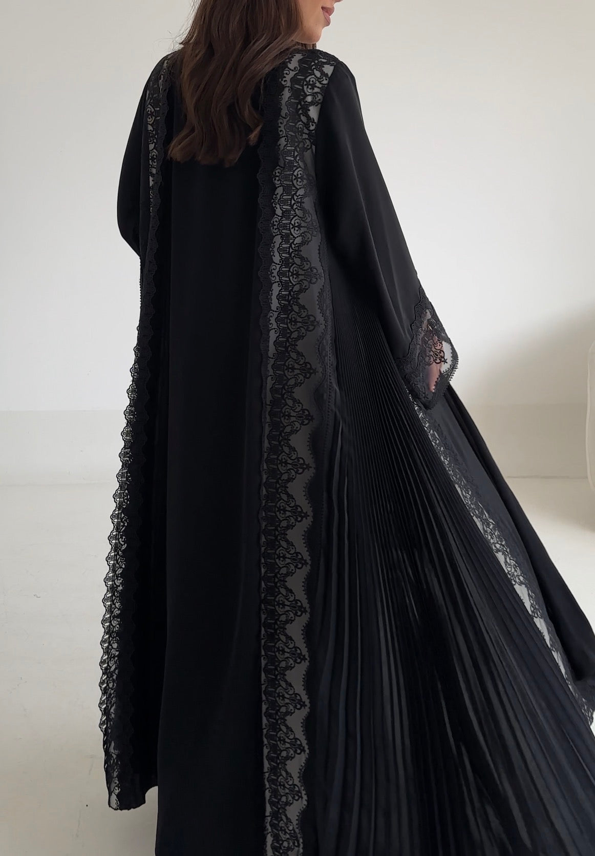 C 2602 Black Pleated Lace Abaya