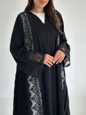 C 2602 Black Pleated Lace Abaya