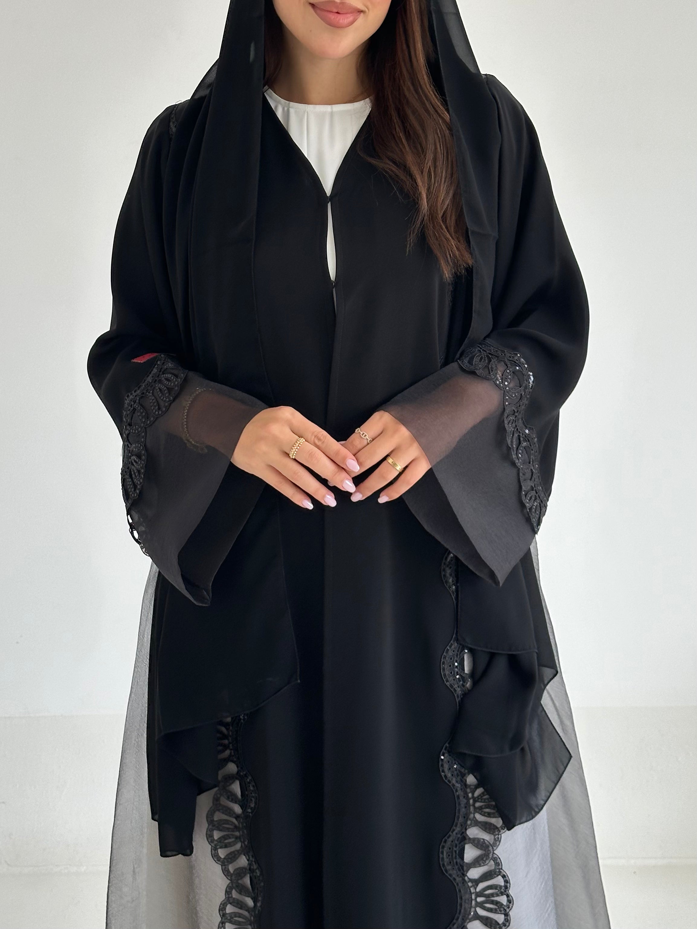 C 2604 Black Sequins Lace Abaya