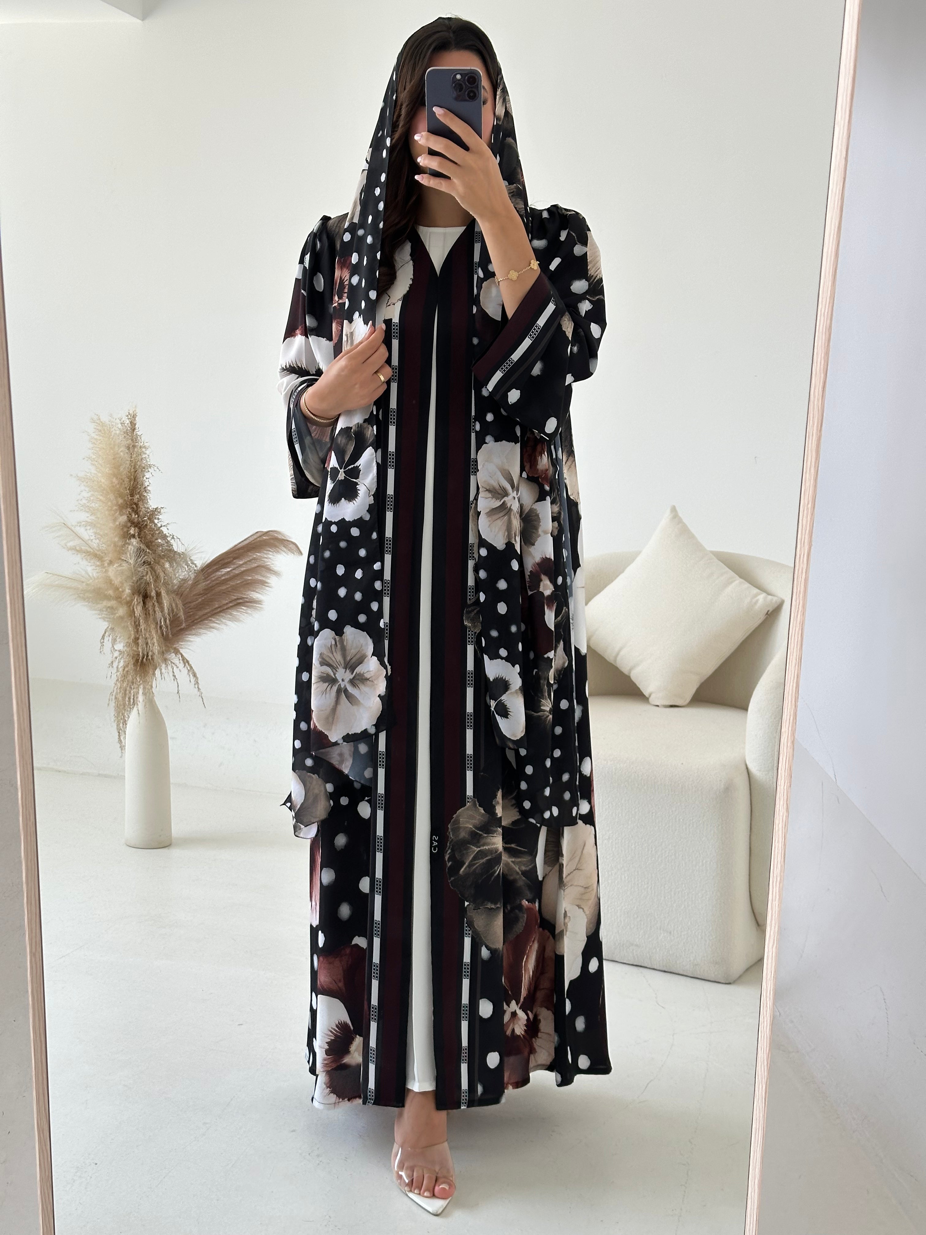 C 2613 Black Polka Floral Printed Abaya