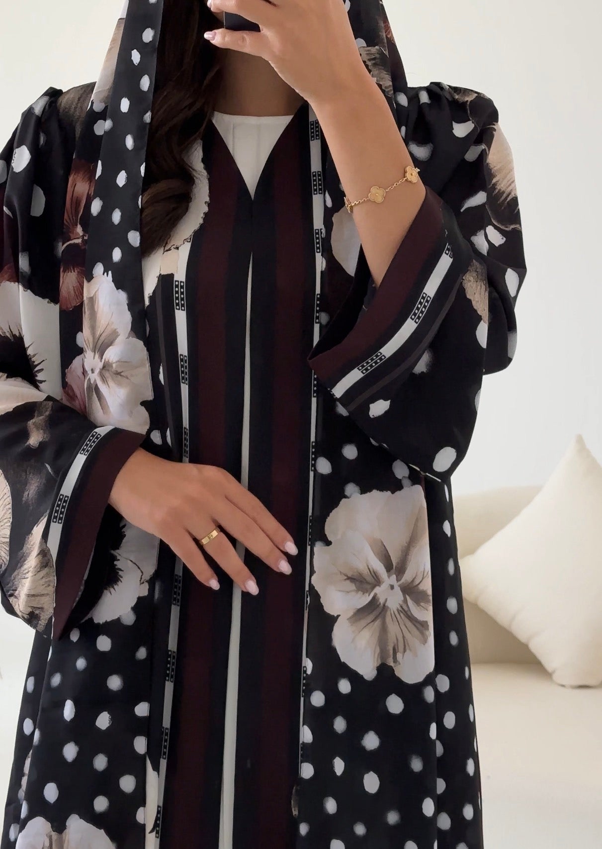 C 2613 Black Polka Floral Printed Abaya