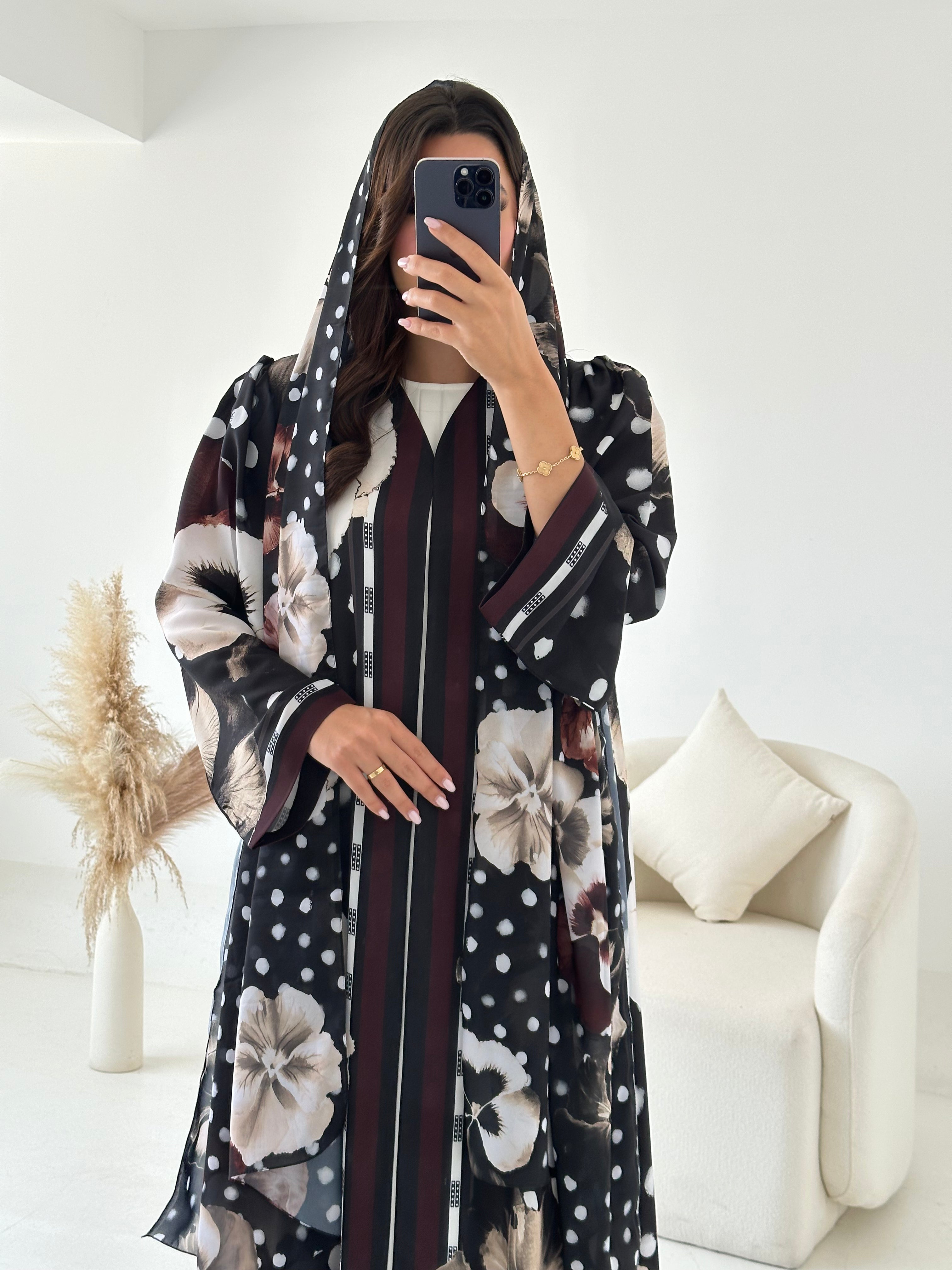C 2613 Black Polka Floral Printed Abaya