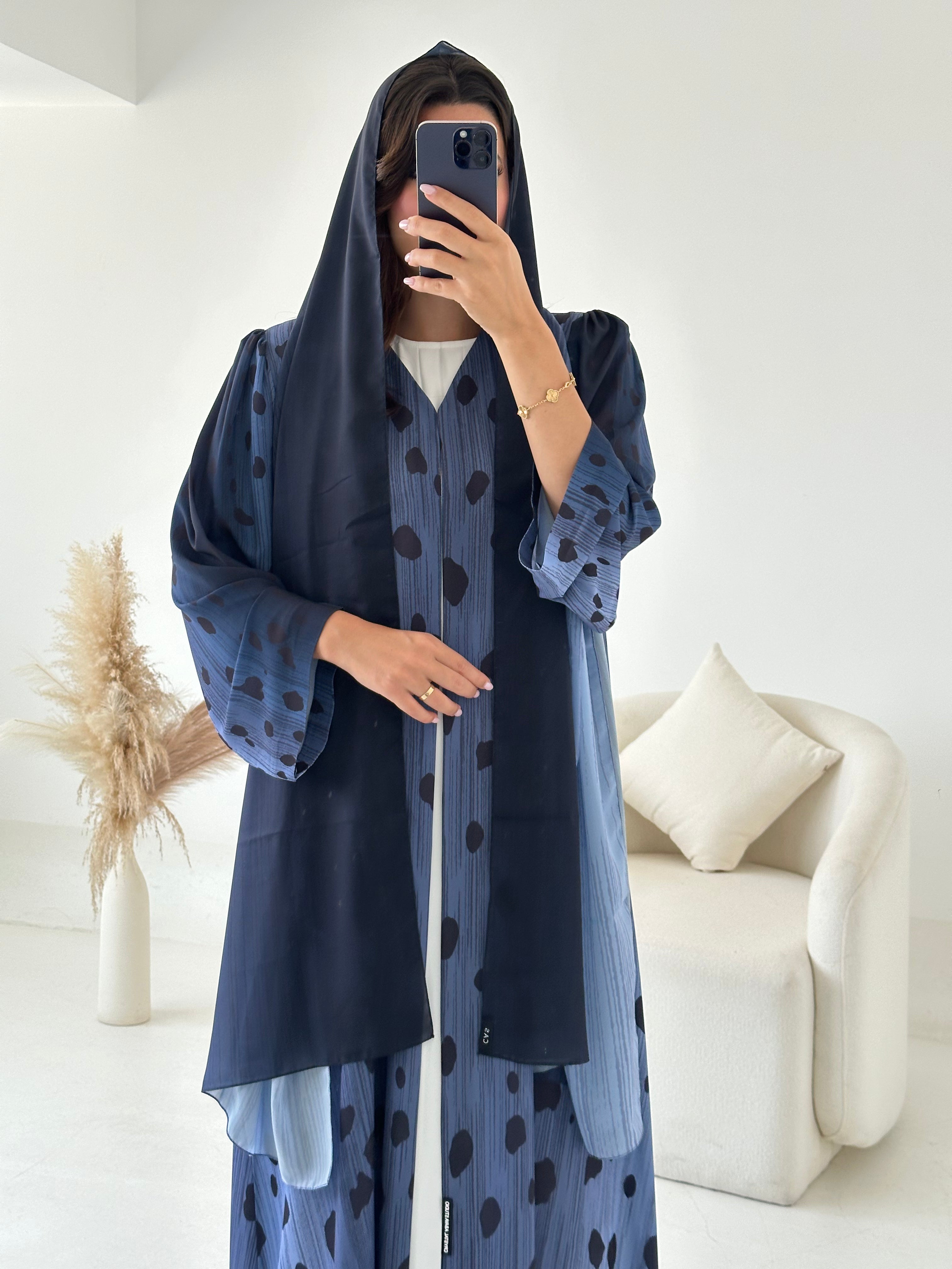 C 2615 Indigo Blue Polka Printed Abaya