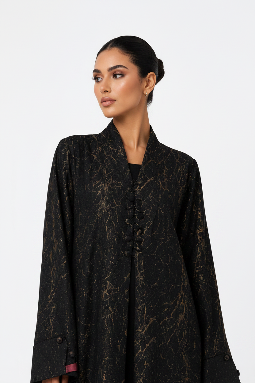C 2627-01 Black Gold Patterned Abaya