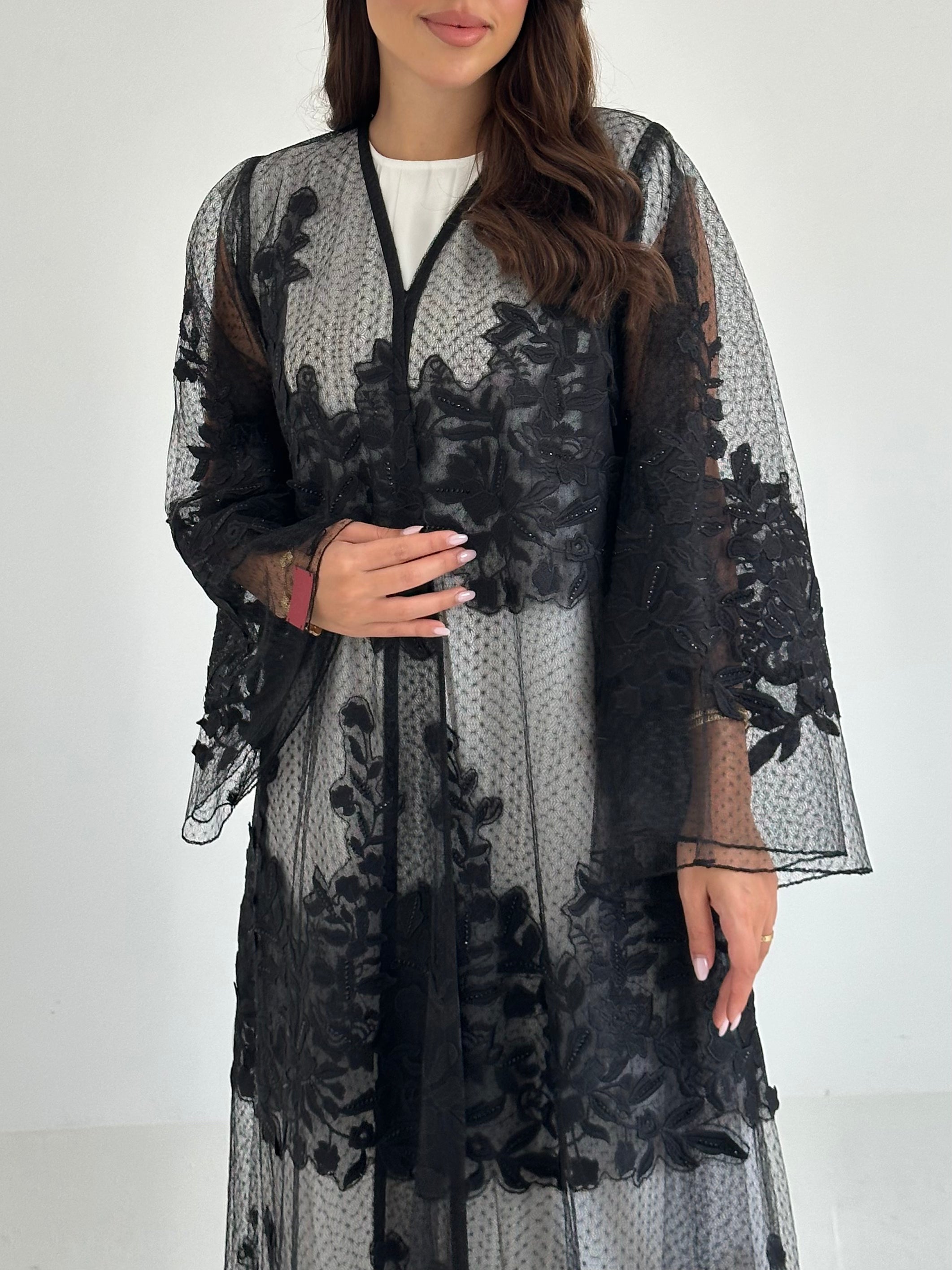 C 2638 Black Crystal Dantel Abaya