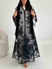 C 2639 Black Floral Dantel Abaya