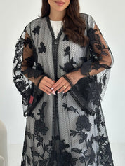 C 2639 Black Floral Dantel Abaya