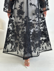 C 2639 Black Floral Dantel Abaya