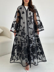 C 2639 Black Floral Dantel Abaya