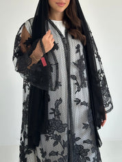 C 2639 Black Floral Dantel Abaya