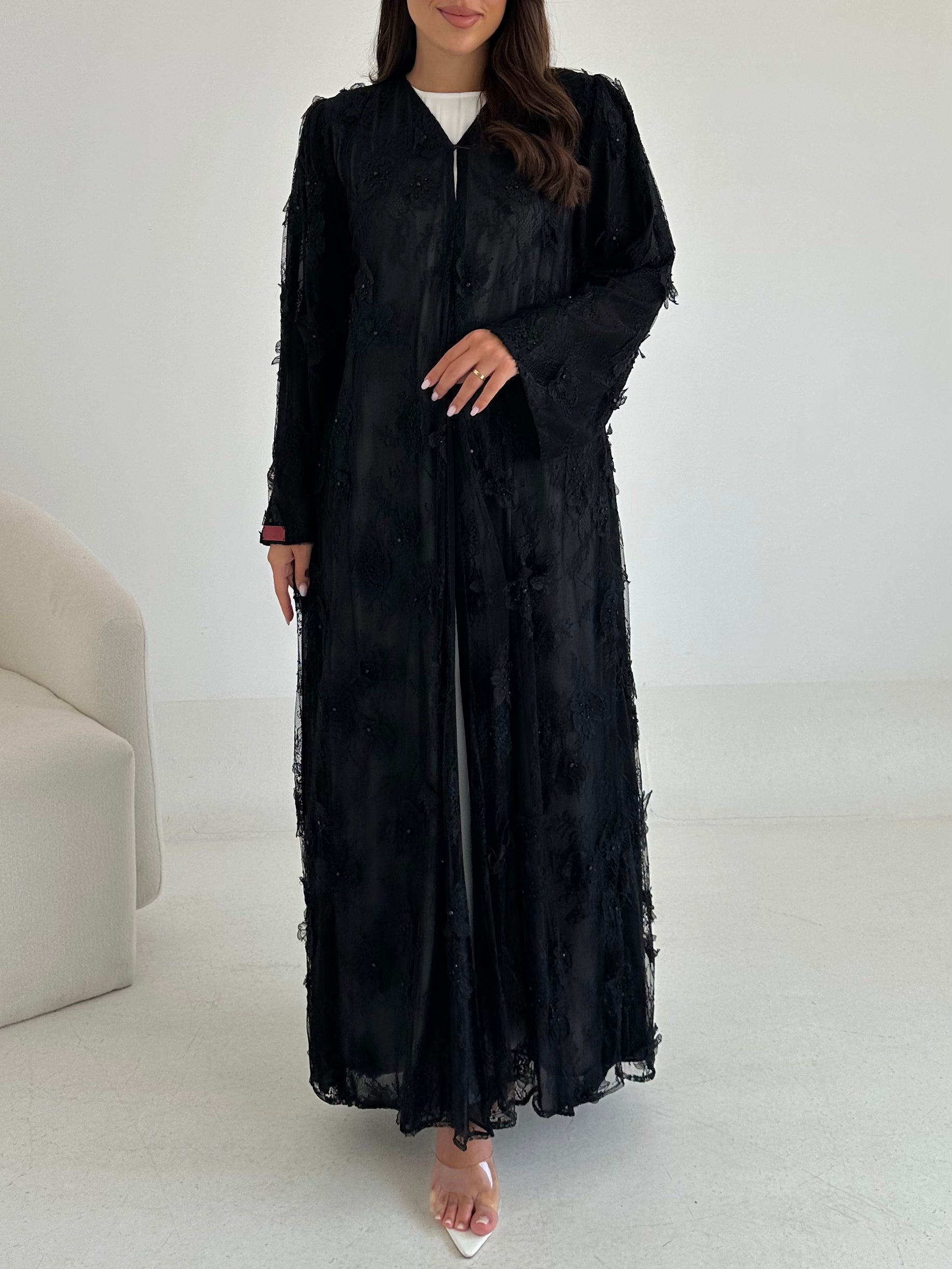 C 2640 Black Beaded Dantel Abaya