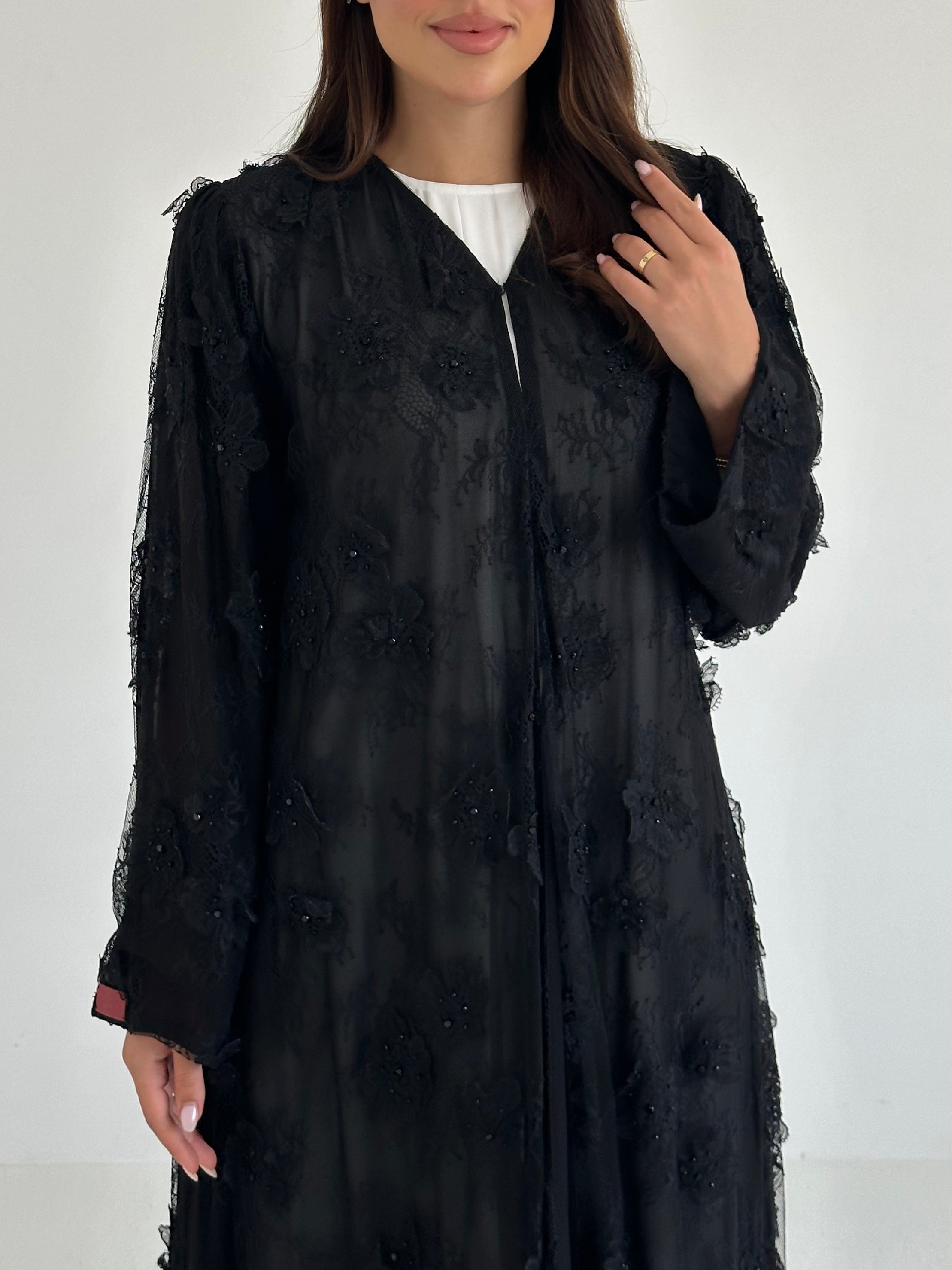 C 2640 Black Beaded Dantel Abaya