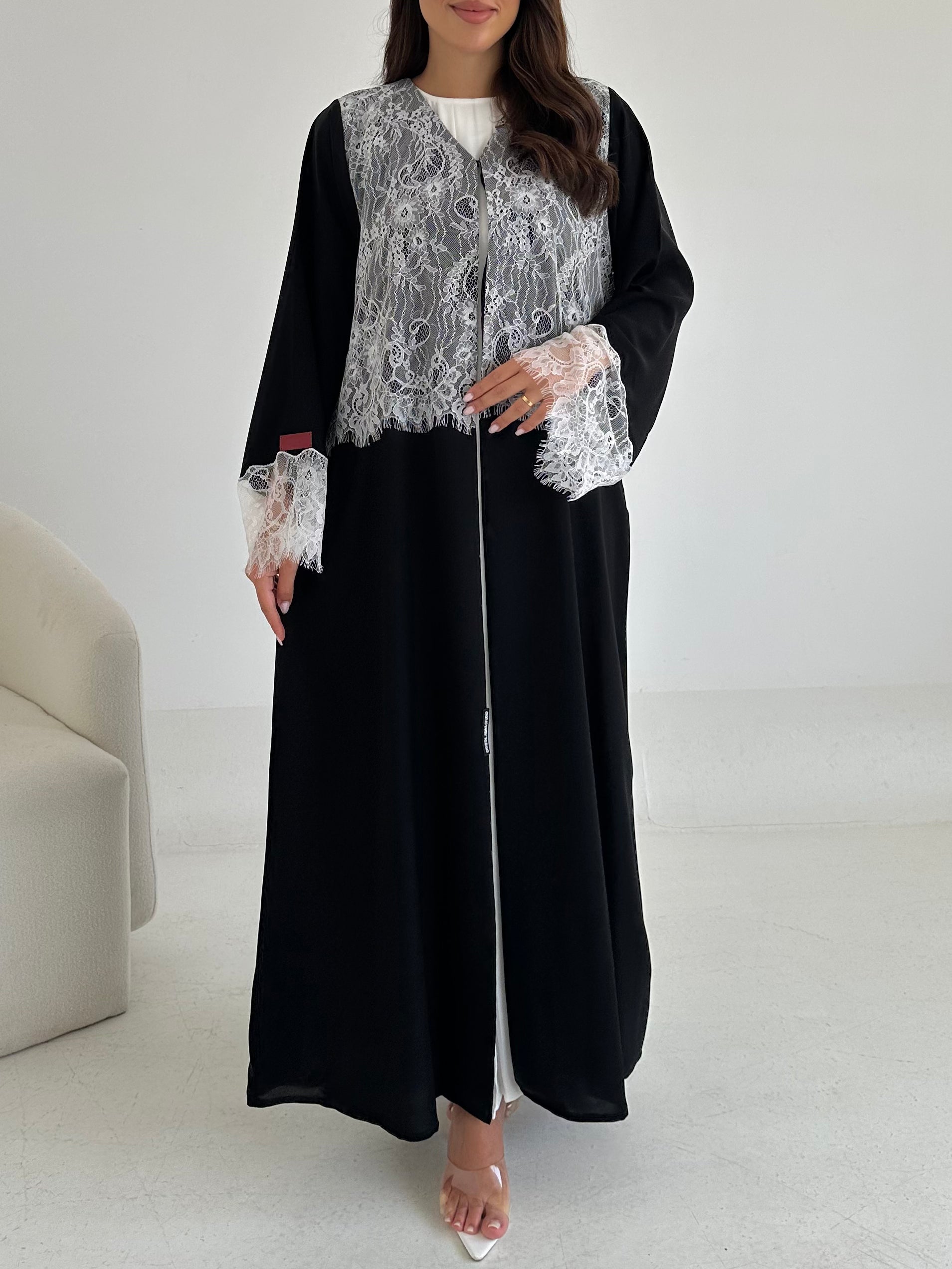 C 2644 Black White Lace Abaya
