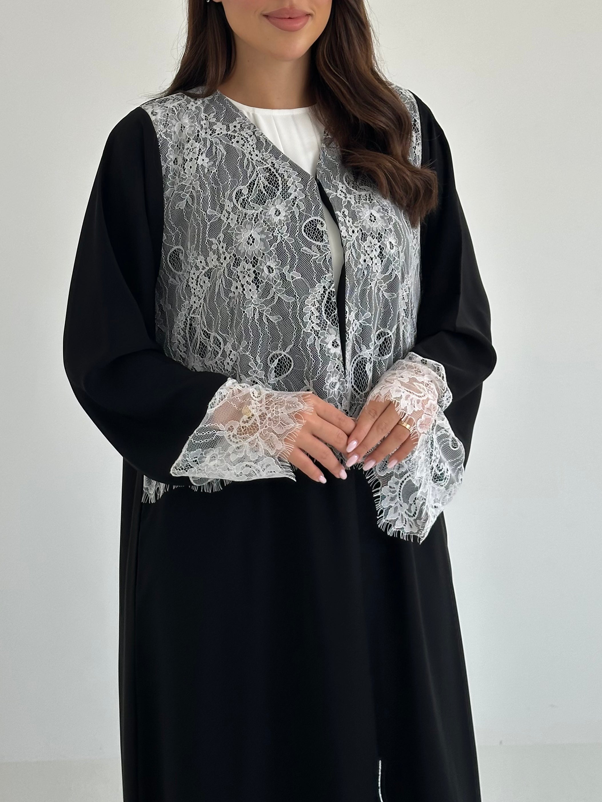 C 2644 Black White Lace Abaya