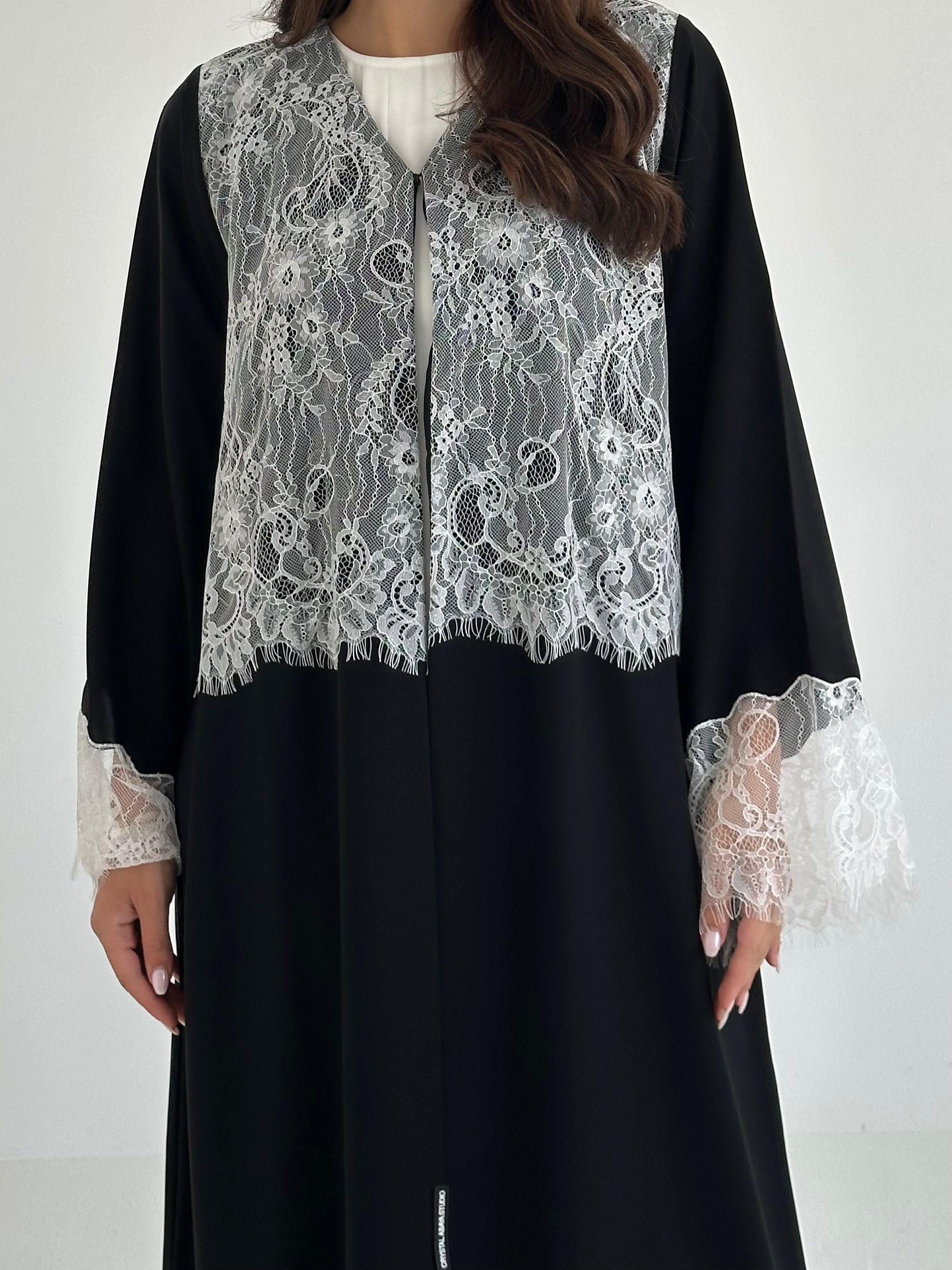 C 2644 Black White Lace Abaya