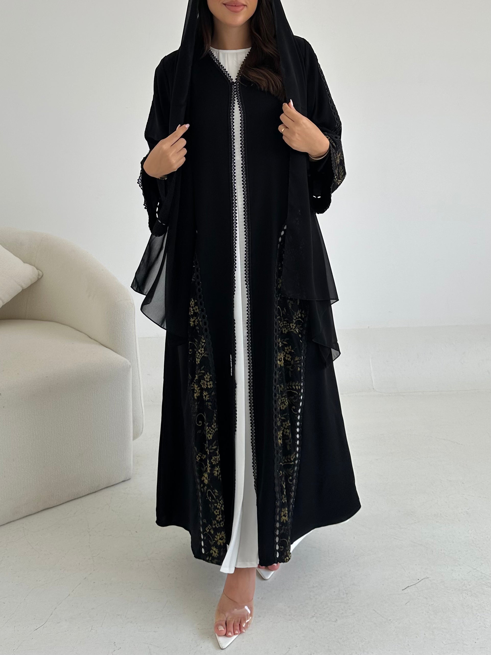 C 2645 Black Floral Lace Abaya