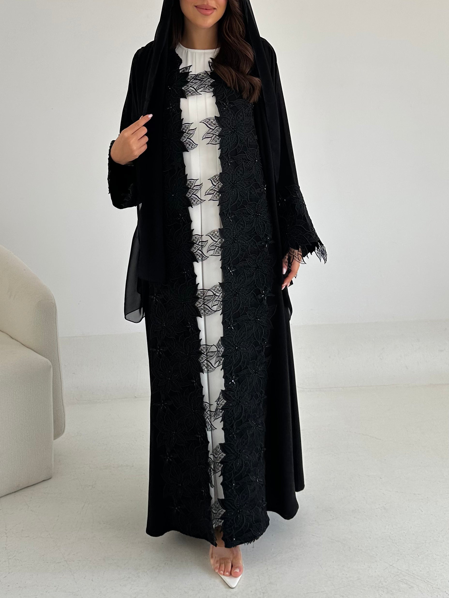 C 2647 Black Beaded Lace Abaya