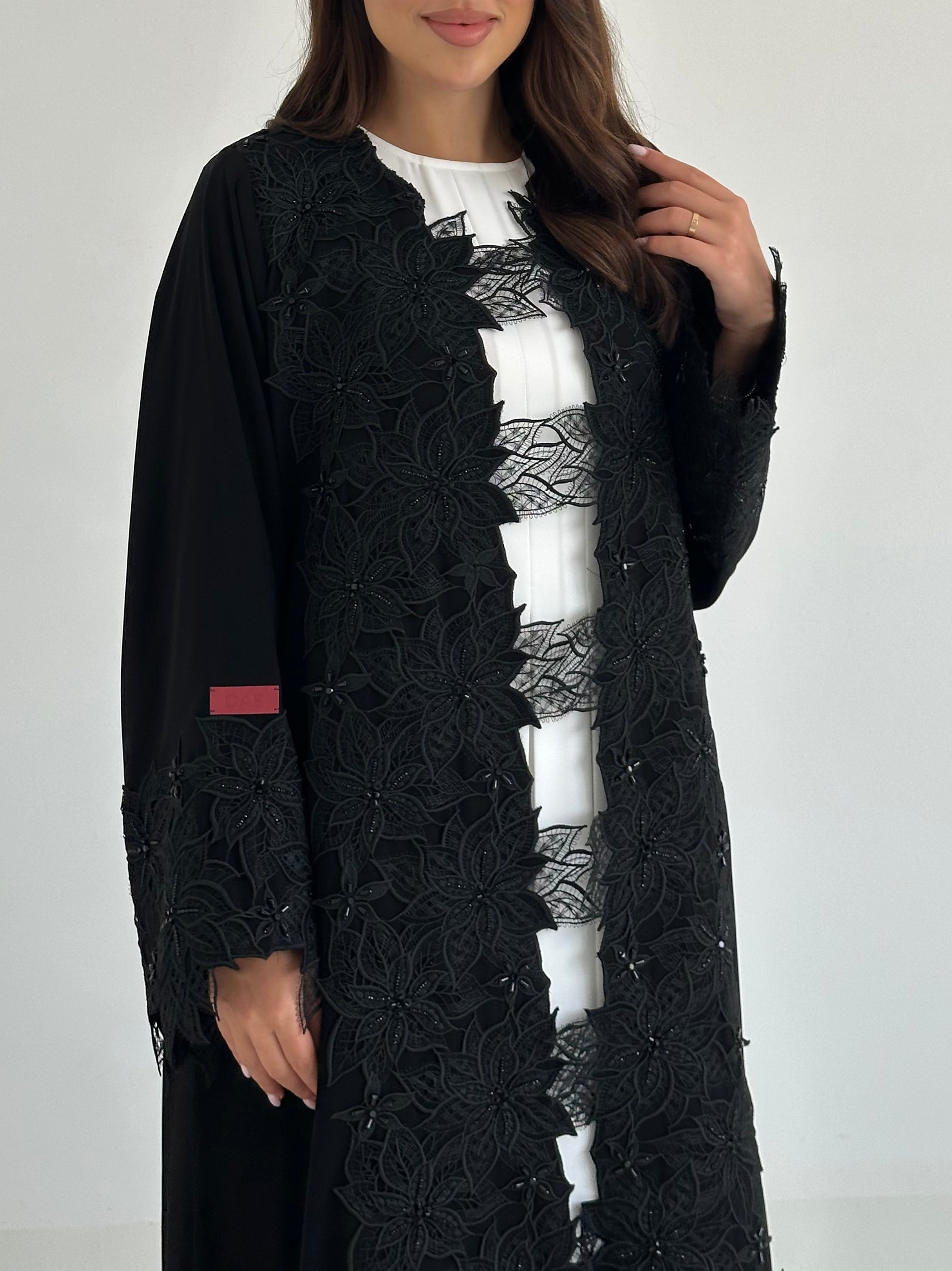 C 2647 Black Beaded Lace Abaya