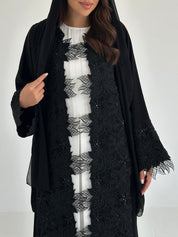 C 2647 Black Beaded Lace Abaya