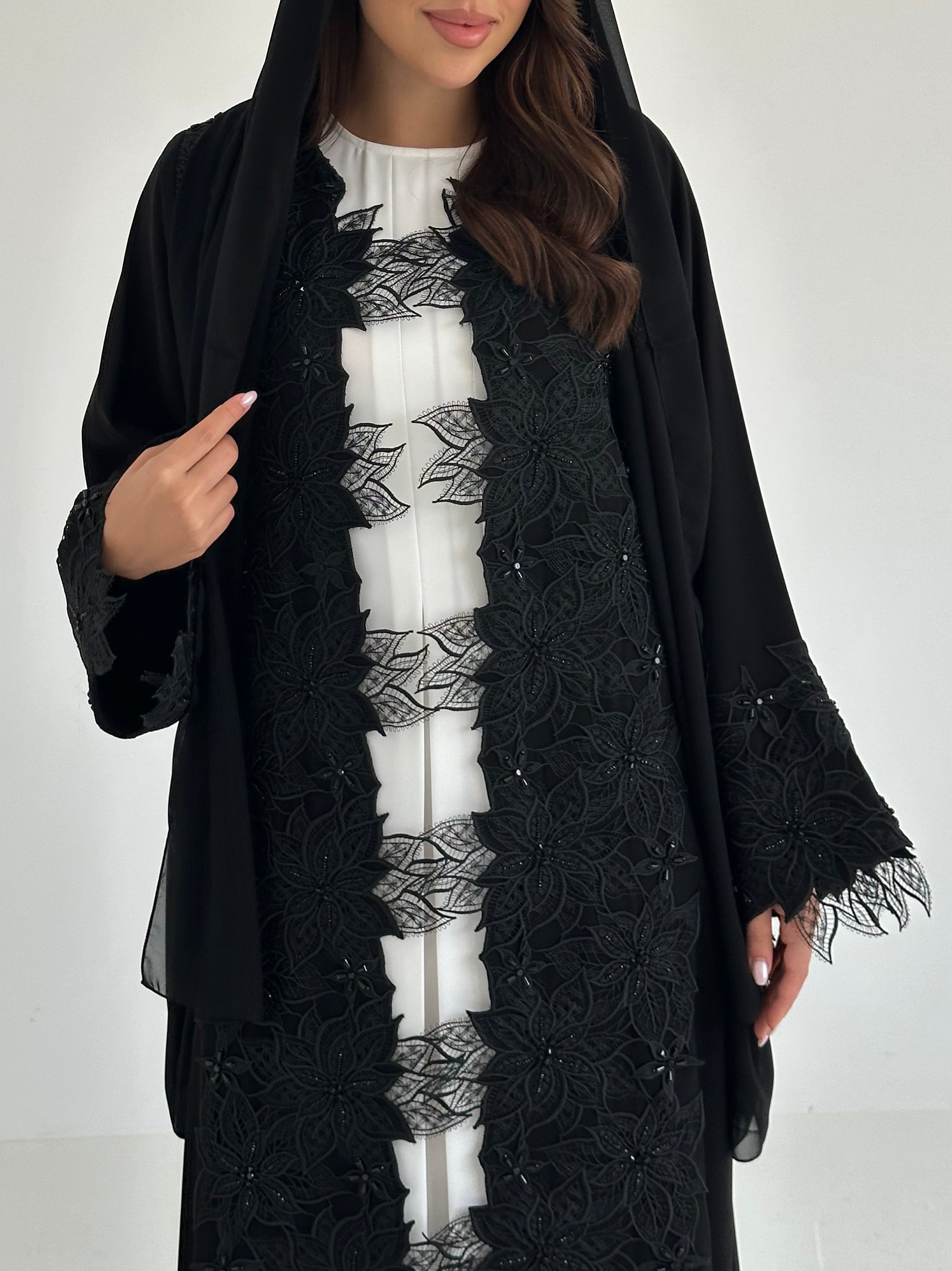 C 2647 Black Beaded Lace Abaya