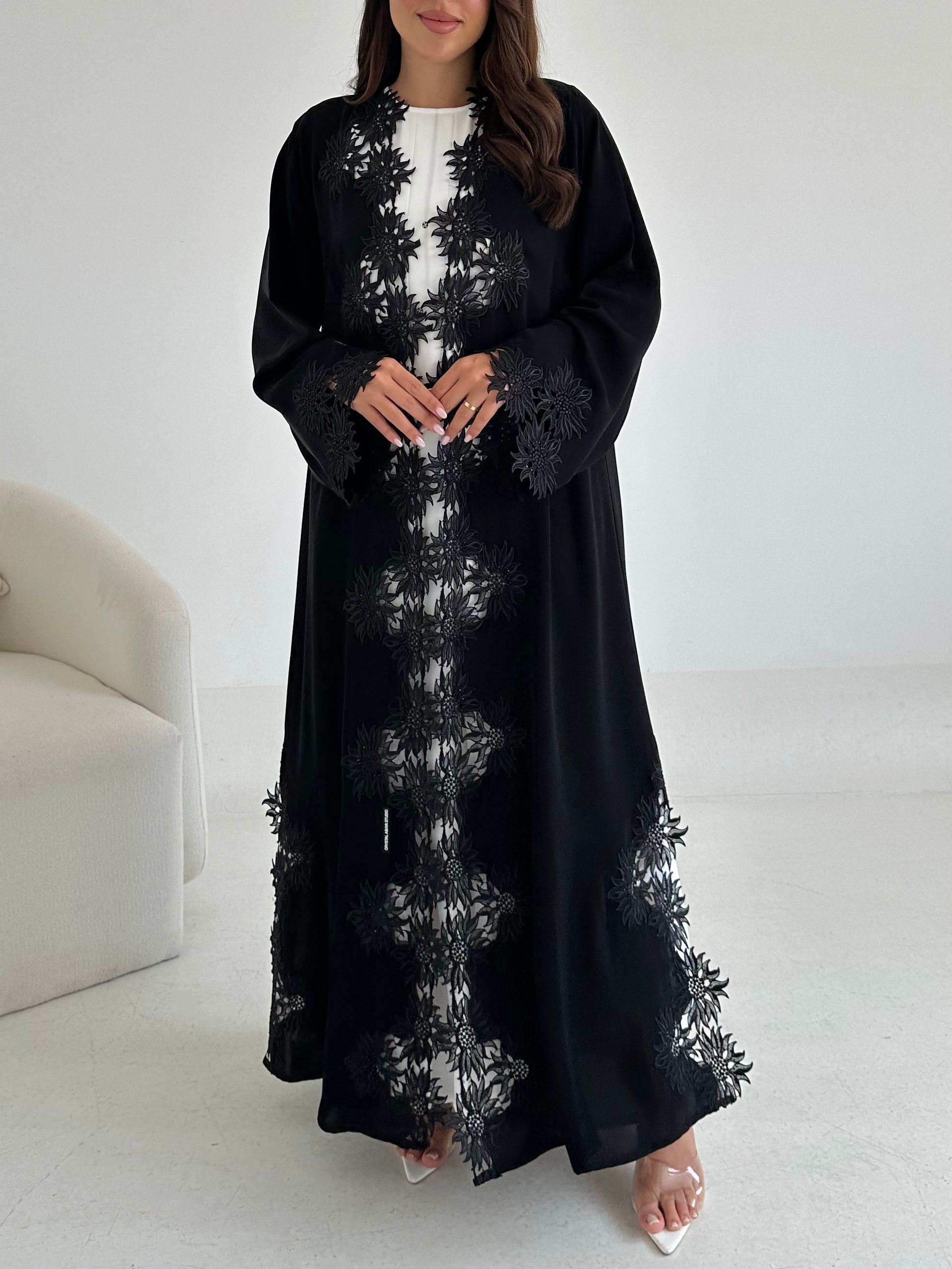 C 2651 Black Floral Lace Abaya