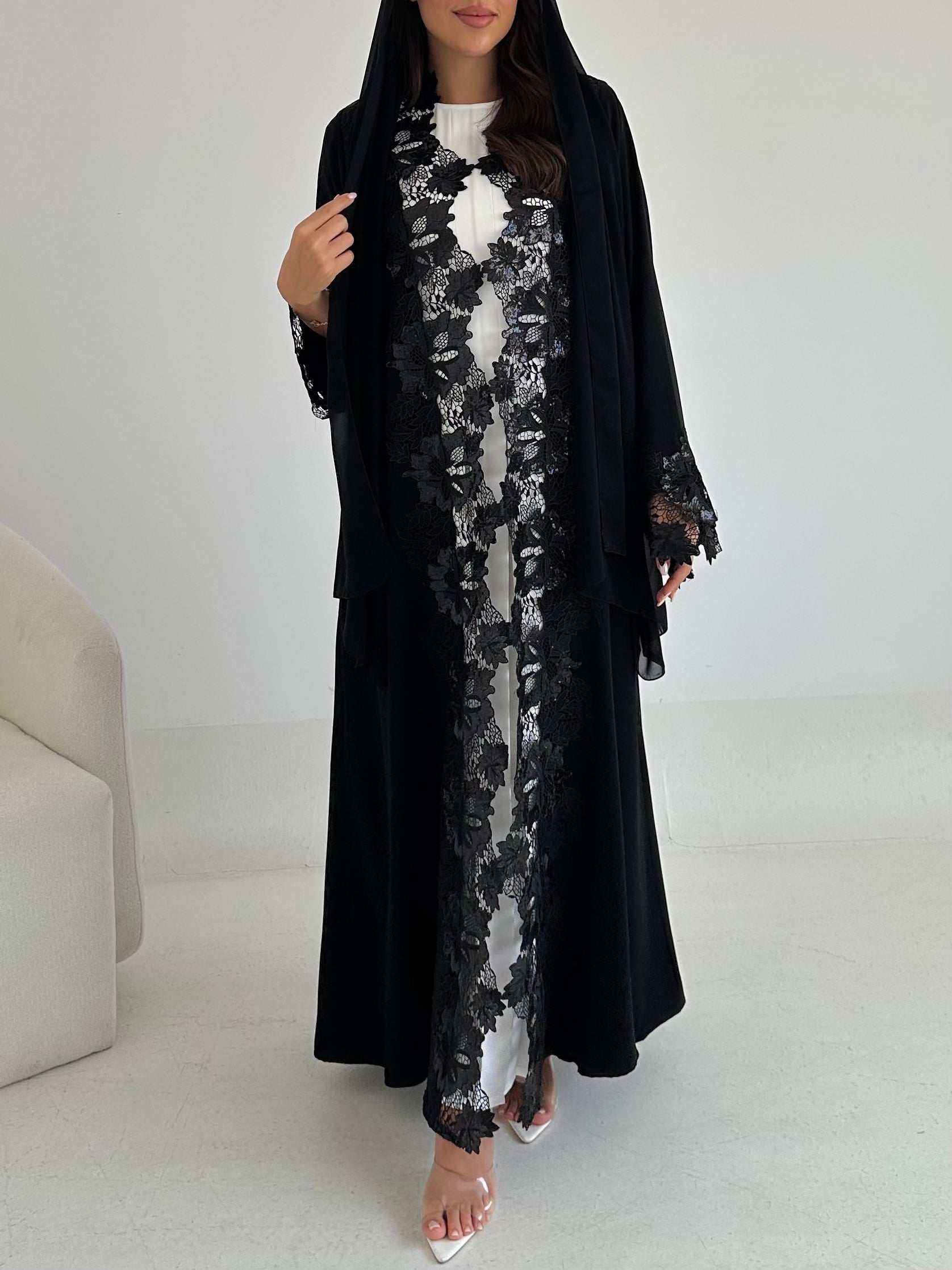 C 2654 Black Sequins Lace Abaya