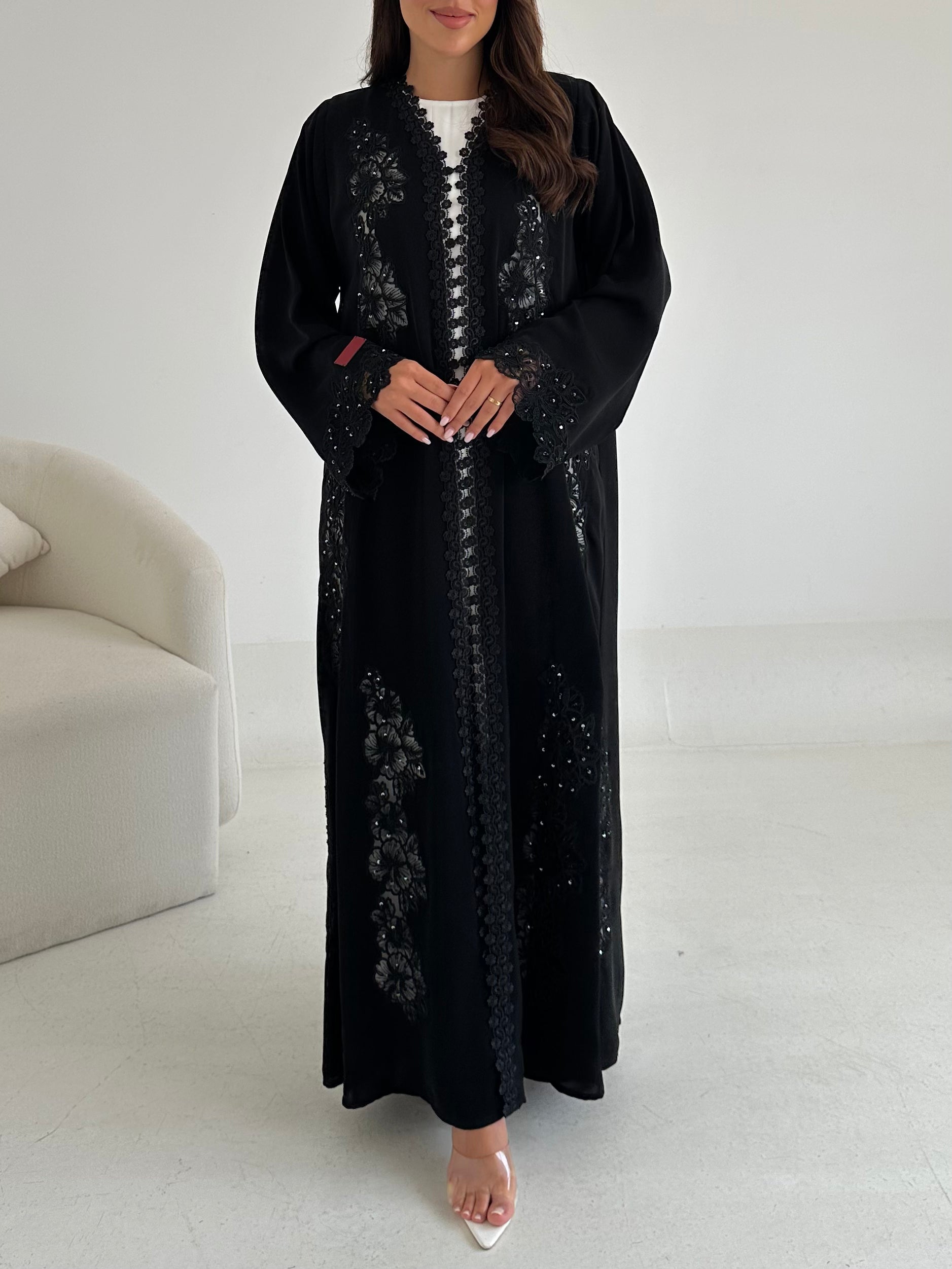 C 2663 Black Beaded Lace Abaya