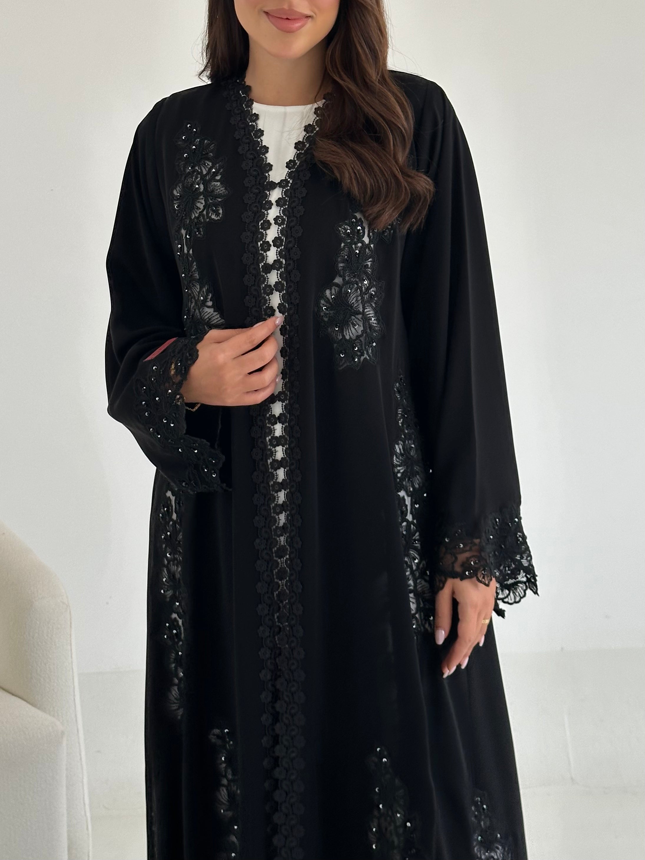 C 2663 Black Beaded Lace Abaya