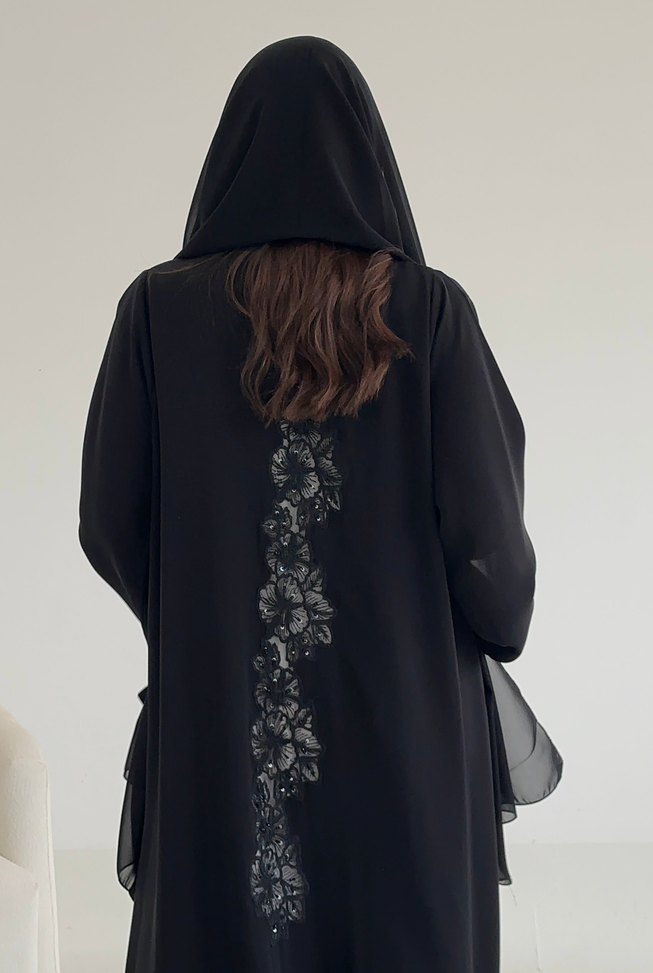 C 2663 Black Beaded Lace Abaya