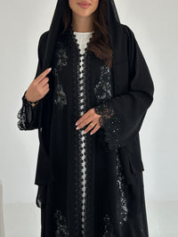 C 2663 Black Beaded Lace Abaya - XS / 50