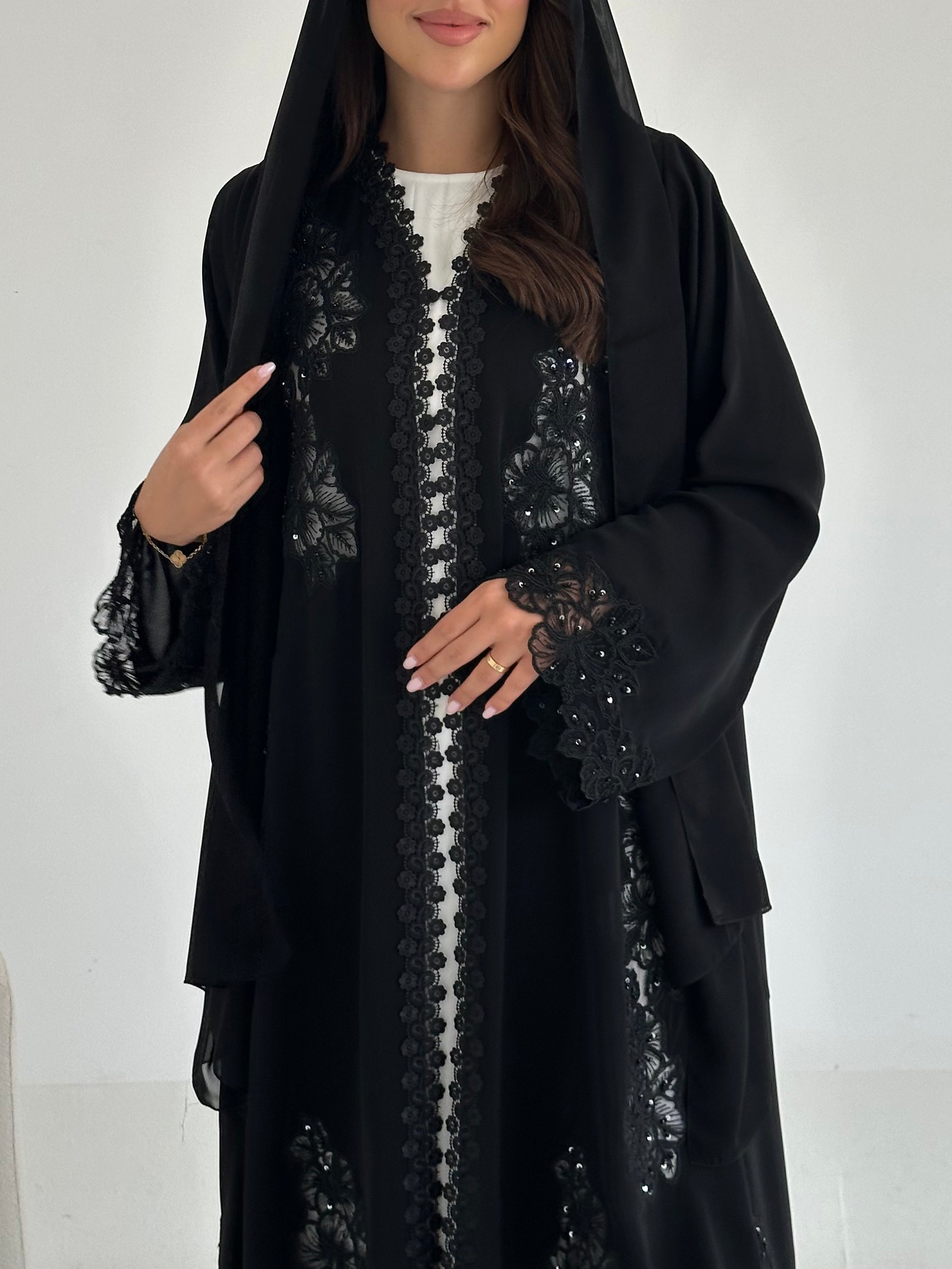 C 2663 Black Beaded Lace Abaya