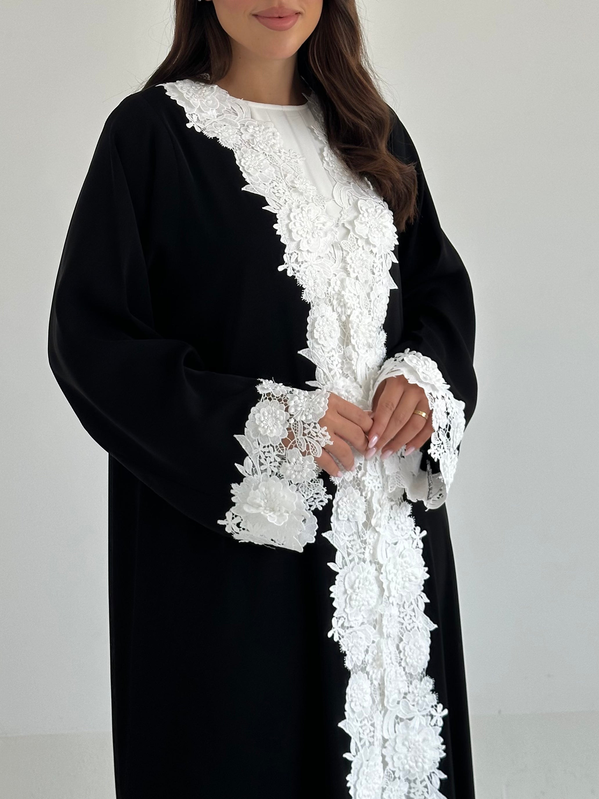 C 2665 - 01 - Black White Floral Lace Abaya