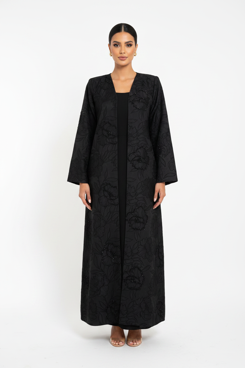 C 2668 Black Beaded Floral Abaya