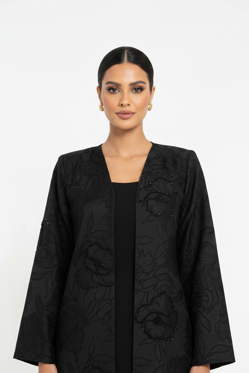 C 2668 Black Beaded Floral Abaya