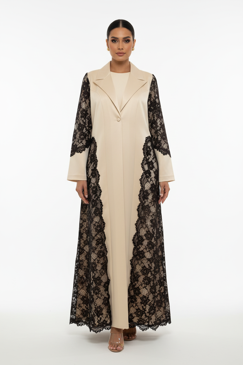 C 2705 Cream Dantel Coat Abaya